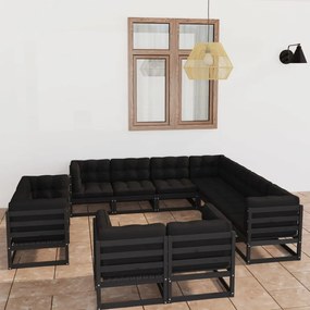 Set divani da giardino 11 pz con cuscini massello di pino nero