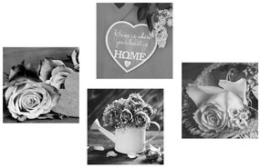 Set di quadri – Fiori in bianco e nero con scritta Home