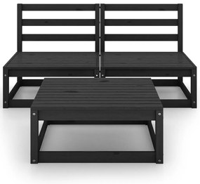 Set divani da giardino 3 pz nero in legno massello di pino