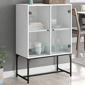 Mobiletto Con Ante In Vetro Bianco 68x37x75,5 Cm – Legno Multistrato, Carico Max 60 Kg, Ideale Per Soggiorno O Camera