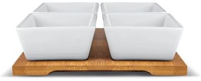 Lamart - Set 4 ciotole in porcellana 19x19 cm + vassoio in legno