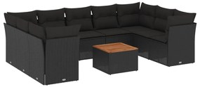 Set divani da giardino 10pz con cuscini in polyrattan nero