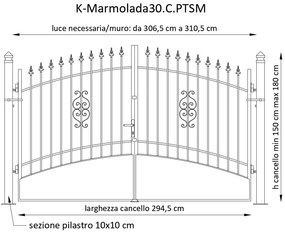 Cancello manuale con serratura manuale Marmolada in ferro, apertura centrale, L 308.5, H 165-195 cm, di colore ruggine