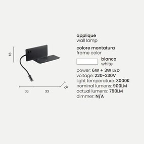 Applique in metallo Bianco 33 cm retroilluminata con spot LED e caricatore wireless FLAT