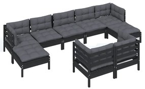 Set divani da giardino 9 pz con cuscini neri massello di pino