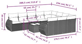 Set divani da giardino 11 pz con cuscini in polyrattan nero