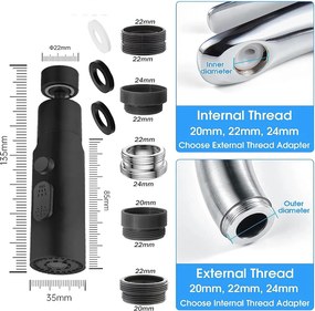 Aeratore per rubinetto EYN DEL1712 orientabile a 360° con 3 getti, disponibile in più finiture — A
