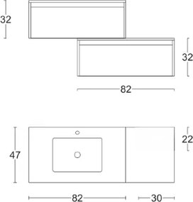 Mobile bagno sospeso con lavabo e doppia base 82 con cassetto LUNA2 Bianco/olmo caffč
