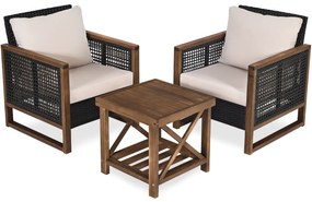 Costway Set di 3 mobili da patio in rattan PE con cuscini lavabili, Set di tavolino in legno di acacia e 2 sedie Marrone