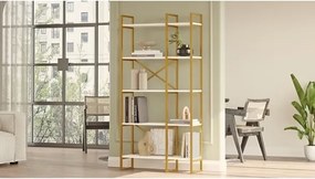 Libreria 88x30x175 Cm 5 Ripiani Oro E Bianco Doppio Modulo Decus