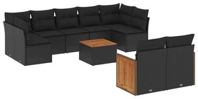 Set Divani da Giardino 10pz con Cuscini in Polyrattan Nero