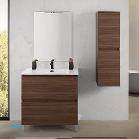 Mobile Bagno Da Terra "Revital" Da 80 Cm Con Due Ante Lavabo In Ceramica E Specchio Colore Noce Canaletto