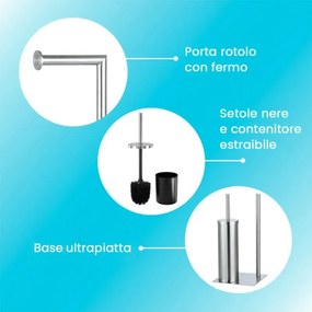 Piantana wc in acciaio satinato con portarotolo e portascopino