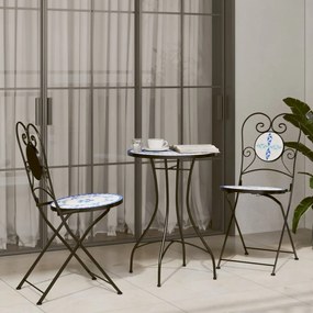 Set Da Bistrot Con Mosaico Blu E Bianco İn Ferro E Ceramica /