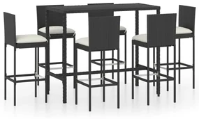 Set bar da giardino 7 pz con cuscini in polyrattan nero