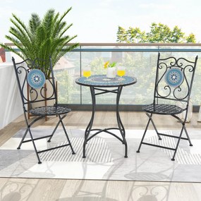 Costway Set Mobili da giardino con mosaico da 3 pezzi, Tavolo rotondo e 2 sedie pieghevoli con struttura in metallo 3 Modelli