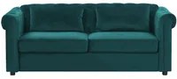 Divano Letto Chesterfield Tessuto Velluto Verde Rivestimento Gambe In Legno Scuro 3 Posti Con Cuscini Materasso Contemporaneo