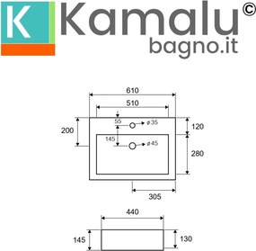 Lavabo da appoggio 61cm rettangolare in ceramica bianca | Litos-260 - KAMALU