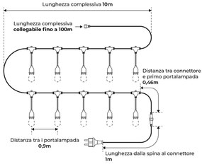 Catenaria IP65 da 10m con 10 Portalampada E27 Nero