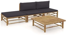 Set divani da giardino 4 pz con cuscini grigio scuro in bambù