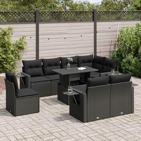 Set divani da giardino 9 pz con cuscini nero in polyrattan