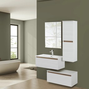 Mobile Bagno Sospeso Sfalsato 80 Cm Due Cassetti Specchio a Filo 80x60 Cm Feridras "Revital" Bianco Frassinato/Rovere