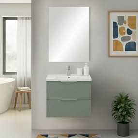 Mobile bagno sospeso 60cm verde opaco con cassetti lavabo e specchio Elva