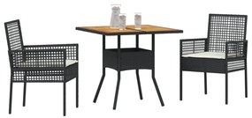 Set da pranzo da giardino  3 pezzi con cuscini nero polyrattan