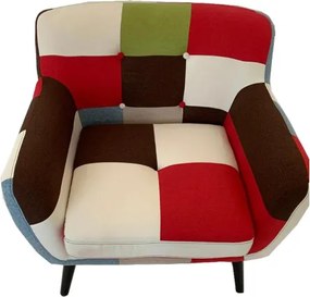 Poltrona in tessuto patchwork 84 cm con gambe in legno massello seduta imbottita