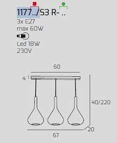 Sospensione ottone sat. 3 luci rettangolare vetri blu 1177os-s3 r-bl