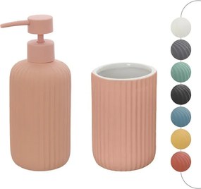 Set accessori bagno in ceramica rosa con dispenser sapone e due portaspazzolini Spring