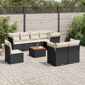 Set divani da giardino 9 pz con cuscini nero in polyrattan