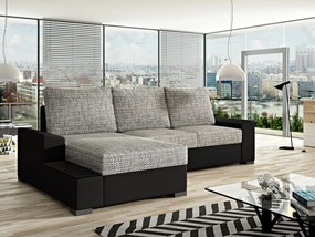 Divano letto matrimoniale angolare Toledo - Ecopelle nero+tessuto grigio chiaro grezzo