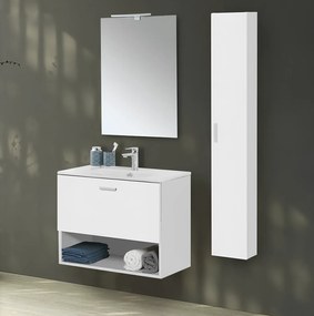 Mobile Bagno Sospeso 80 Cm Un Cassetto Vano a Giorno Specchio Con Illuminazione Led Feridras "Greta" Bianco Lucido