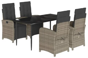Set da pranzo da giardino 5 pz con cuscini in polyrattan grigio