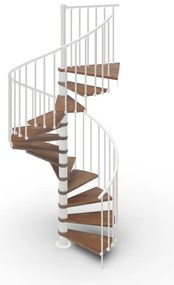 Scala a chiocciola a base tonda Luna IRIS, con corrimano, larghezza 160 cm, struttura in acciaio bianco, gradini in legno faggio, colore noce