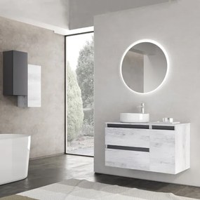 Mobile bagno sospeso Quercia Bianco 90 cm con specchio LED e lavabo - CUBE2