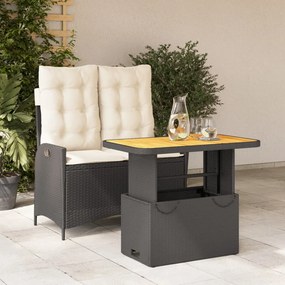 Set da pranzo da giardino 2 pz con cuscini nero in polyrattan