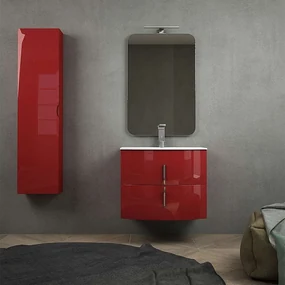 Mobile bagno rosso lucido curvo sospeso 70 cm con colonna 140 cm chiusure soft  close specchio e lampada LED