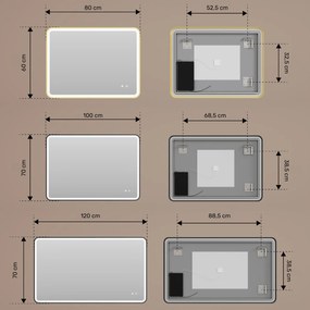 Specchio dagli angoli arrotondati con illuminazione LED in una cornice nera in alluminio