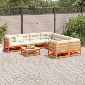 Set divani giardino 9 pz con cuscini marrone cera massello pino