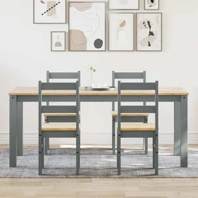 Set Da Pranzo 5 Pz Panama Grigio İn Legno Massello Di Pino /
