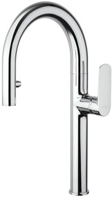 Rubinetto da cucina con doccetta a collo di cigno Flip argento spazzolato satinato PAINI