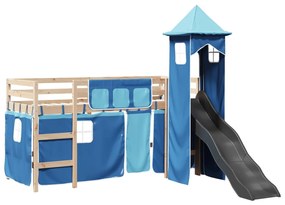 Letto a soppalco con torre bambini blu 90x190cm massello pino