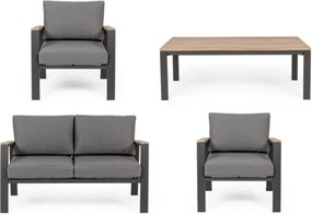 Salotto Da Esterno In Alluminio Antracite Inserti Legno Con Cuscini E Tavolino Belmar Bizzotto