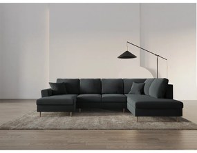 Divano angolare grigio scuro allungabile e con contenitore (con penisola a destra/a U) con rivestimento in velluto Kyoto – Cosmopolitan Design