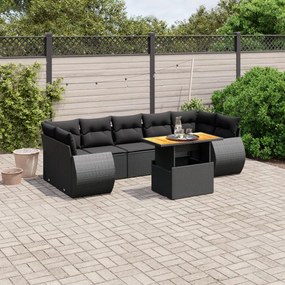 Set divani da giardino con cuscini 8 pz nero in polyrattan