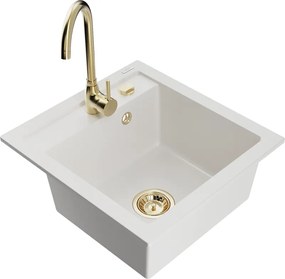 Mexen Vito lavello da cucina in granito a 1 vasca con rubinetto da cucina Telma, bianco - 6503-20-670200-50