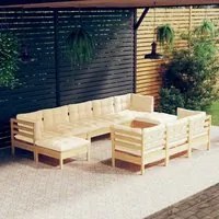 Set Divani da Giardino 10 pz con Cuscini Crema Massello di Pino 3097139