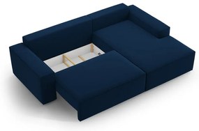 Divano angolare blu scuro allungabile/con contenitore (con penisola a destra/con chaise lounge) con rivestimento in velluto Jodie – Micadoni